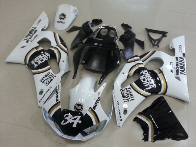 1998-2002 Yamaha YZF R6 Motorcycle Fairings - White Black Motul Lucky Strike 34 Canada