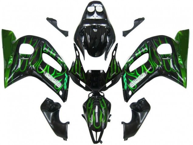 1998-2002 Yamaha YZF 600 R6 Motorcycle Fairings - Glossy Black Green Flame Canada