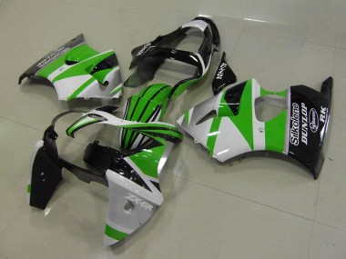 Online 2000-2002 Kawasaki ZX6R Motorcycle Fairings - White Green Glossy Black Stripe Silkolene Dunlop Canada