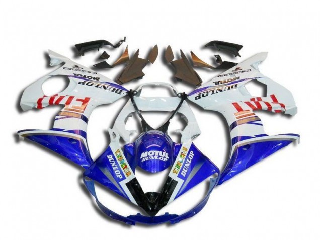 2003-2004 Yamaha YZF R6 Motorcycle Fairings - White Blue Red Fiat Motul Dunlop Michelin Canada