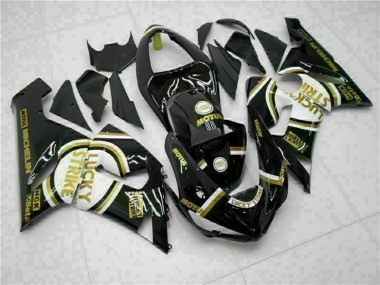 Online 2005-2006 Kawasaki ZX6R Motorcycle Fairings - Glossy Black White Gold Lucky Strike Canada