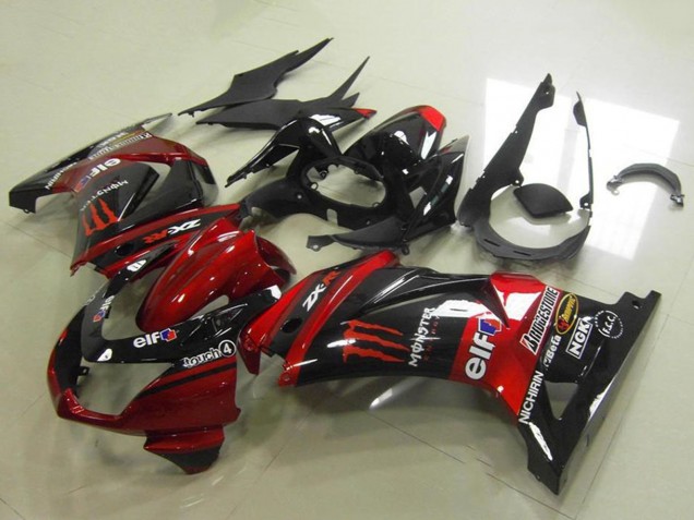 2008-2012 Kawasaki ZX250R Motorcycle Fairings - Candy Red Glossy Black Elf Touch4 Monster Canada