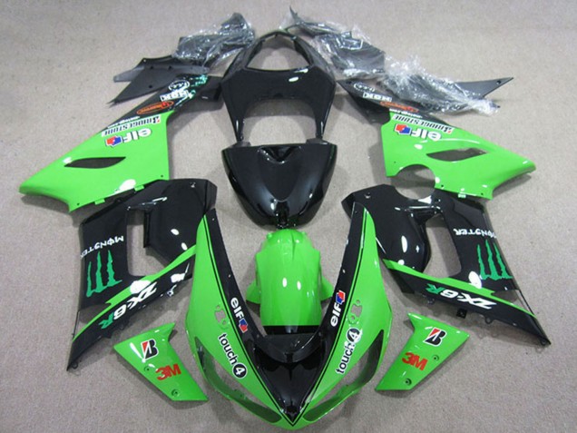 2005-2006 Kawasaki ZX6R Motorcycle Fairings - Glossy Black Green Elf Touch4 Bridgestone Monster Canada