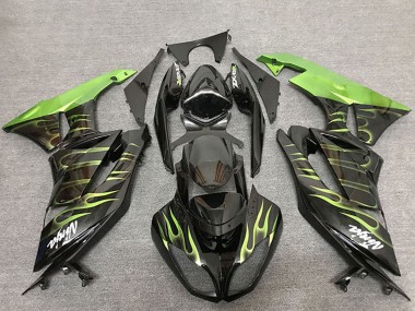 Online 2009-2012 Kawasaki ZX6R Motorcycle Fairings - Glossy Black Green Flame Canada