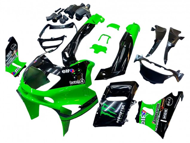 1993-2007 Kawasaki ZZR400 Motorcycle Fairings - Green Glossy Black Green Monster Elf Touch4 Bridgestone Canada