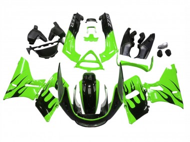 Online 1998-2003 Kawasaki ZZR600 Motorcycle Fairings - Green Glossy Black Flame Canada