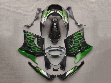 Online 1993-2003 Kawasaki ZZR1100 Motorcycle Fairings - Glossy Black Green Flame Canada