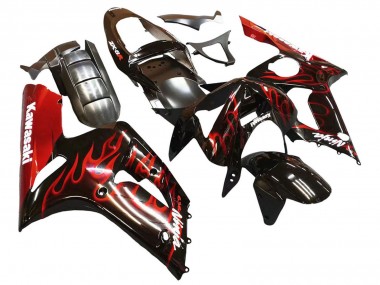 Online 2003-2004 Kawasaki ZX6R Motorcycle Fairings - Glossy Black Red Flame Canada