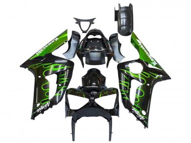 Online 2003-2004 Kawasaki ZX6R Motorcycle Fairings - Glossy Black Green Flame Canada