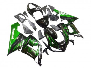 Online 2005-2006 Kawasaki ZX6R Motorcycle Fairing - Glossy Black Green Flame Canada