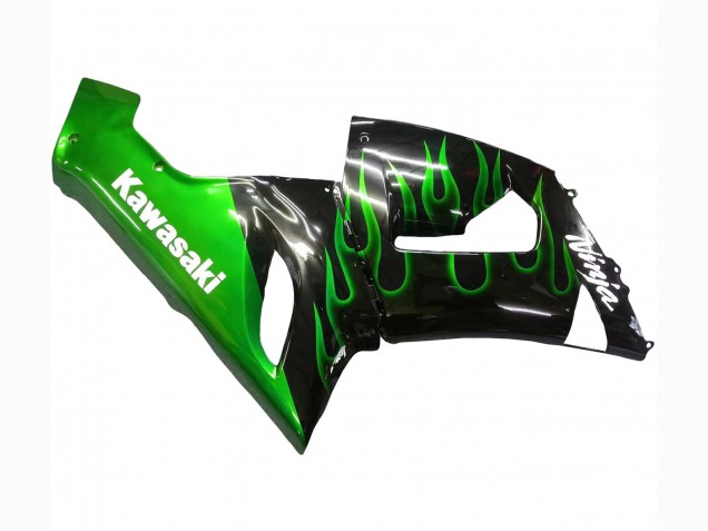 2005-2006 Kawasaki ZX6R Motorcycle Fairing - Glossy Black Green Flame Canada