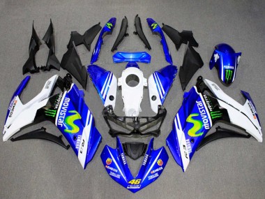 Online 2015-2018 Yamaha YZF R3/R25 Motorcycle Fairings - White Blue Green MoviStar Monster Canada