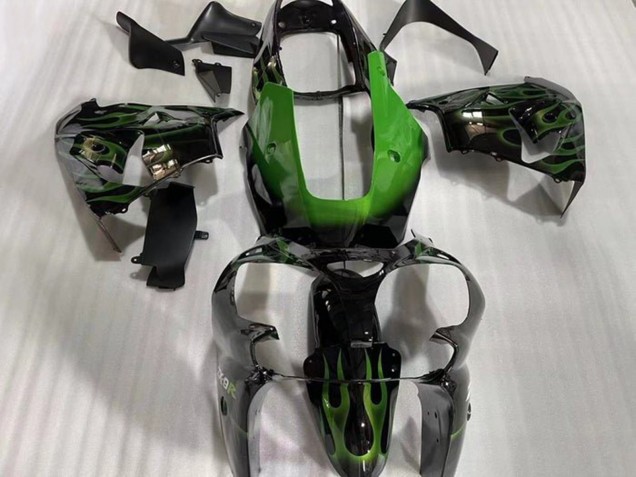 2002-2003 Kawasaki ZX9R Motorcycle Fairings - Glossy Black Green Flame Canada