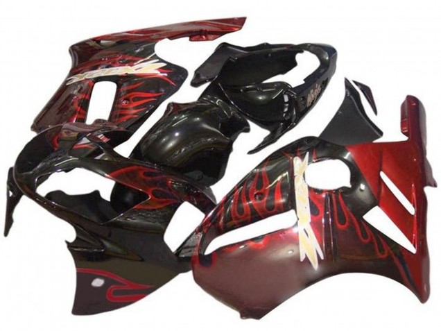 2000-2001 Kawasaki ZX12R Motorcycle Fairings - Glossy Black Red Flame Canada