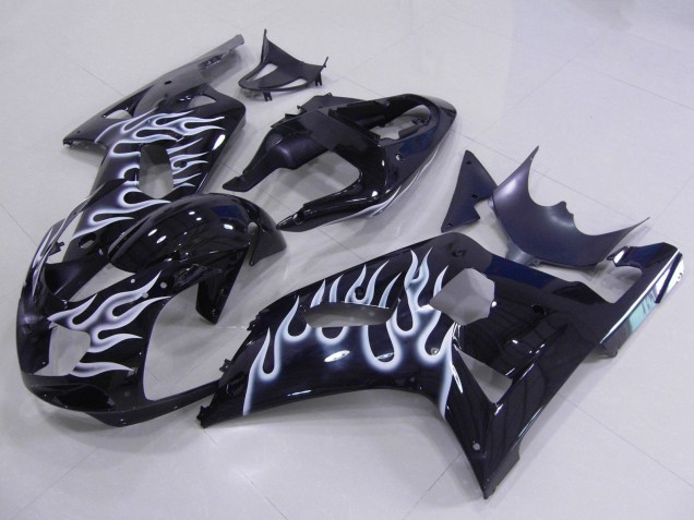 2001-2003 Suzuki GSXR 600 / GSXR 750 Motorcycle Fairings - Glossy Black White Flame Canada