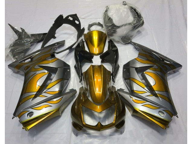 Gold and Silver Flame 2008-2012 Kawasaki Ninja 250 Motorcycle Fairing Gold and Silver Flame 2008-2012 Kawasaki Ninja 250 Motorcycle Fairing