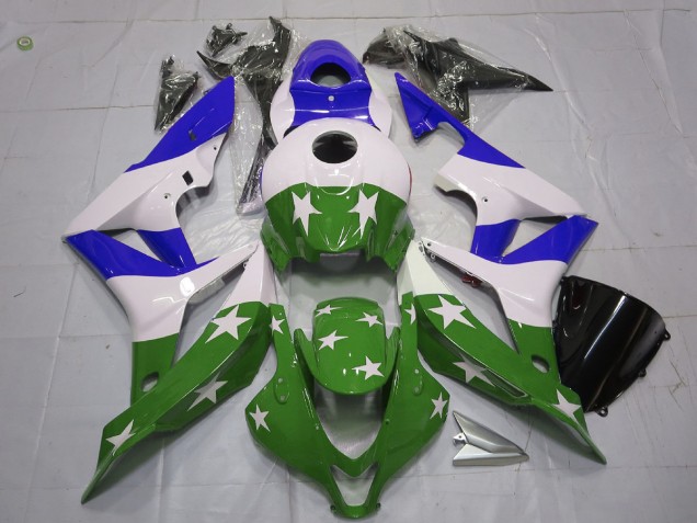 Green and Blue Stars and Stripes 2007-2008 Honda CBR600RR Motorcycle Fairing Green and Blue Stars and Stripes 2007-2008 Honda CBR600RR Motorcycle Fairing