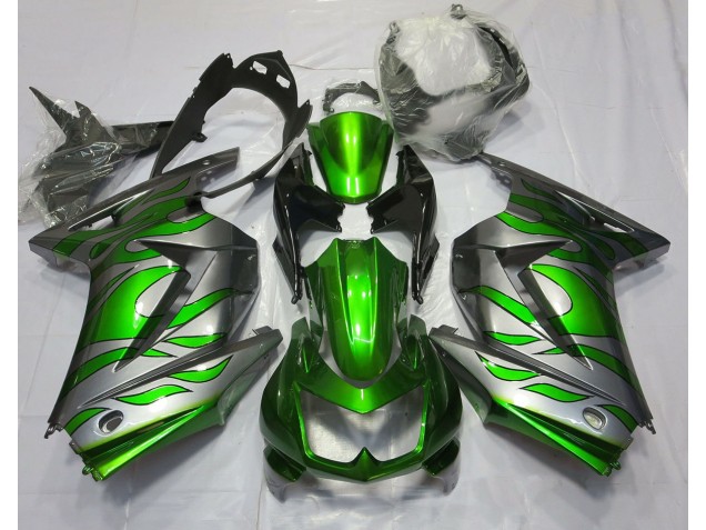 Green and Silver Flame 2008-2012 Kawasaki Ninja 250 Motorcycle Fairing Green and Silver Flame 2008-2012 Kawasaki Ninja 250 Motorcycle Fairing