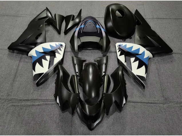 Matte Black and Light Blue Shark 2004-2005 Kawasaki ZX10R Motorcycle Fairing Matte Black and Light Blue Shark 2004-2005 Kawasaki ZX10R Motorcycle Fairing