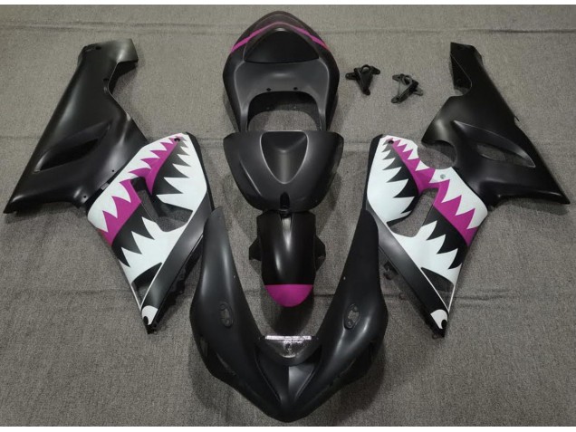 Matte Black and Pink Shark 2005-2006 Kawasaki ZX6R Motorcycle Fairing Matte Black and Pink Shark 2005-2006 Kawasaki ZX6R Motorcycle Fairing