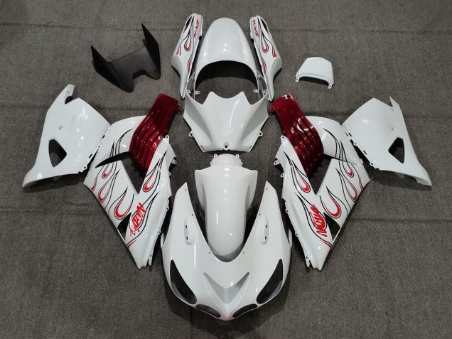 White Red Flame 2006-2011 Kawasaki ZX14R Motorcycle Fairing White Red Flame 2006-2011 Kawasaki ZX14R Motorcycle Fairing