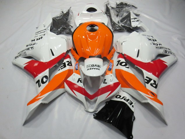 White Red and Orange Repsol 2009-2012 Honda CBR600RR Motorcycle Fairing White Red and Orange Repsol 2009-2012 Honda CBR600RR Motorcycle Fairing