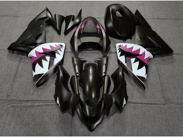 Matte Black and Pink Shark 2004-2005 Kawasaki ZX10R Motorcycle Fairing Matte Black and Pink Shark 2004-2005 Kawasaki ZX10R Motorcycle Fairing